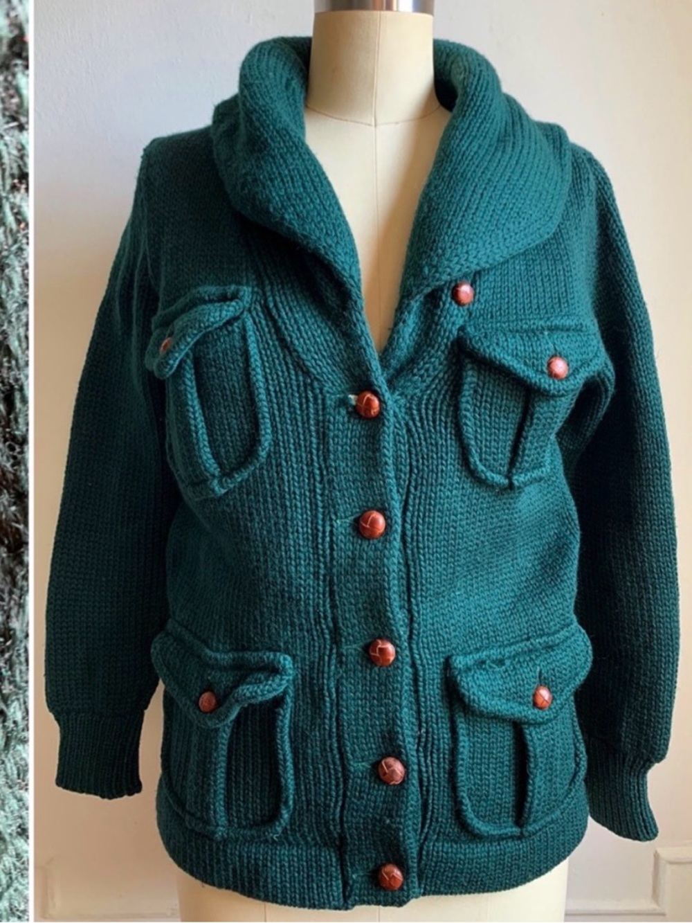 Vintage Ralph Lauren Dark Green Wool Shawl Collar Knit Sweater size Small